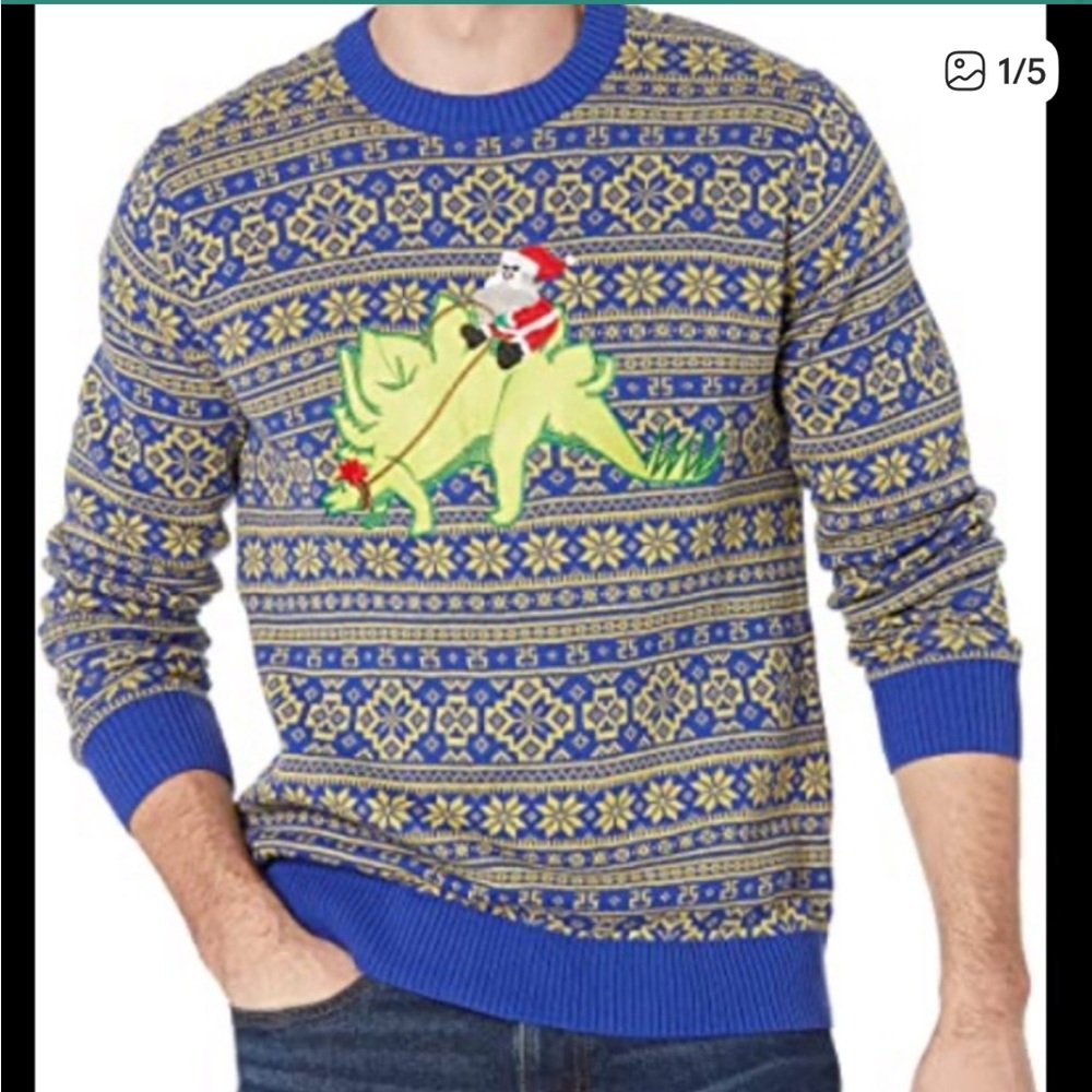 100% Cotton Alex Stevens Christmas Sweater Santa Riding Dinosaur Blue L Novalty